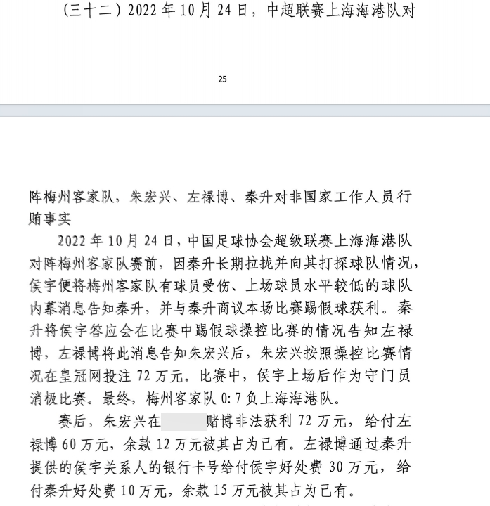 网传判决书:梅州0-7海港,梅州守门员侯宇收30万好处费消极比赛